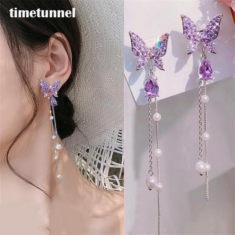 Bông Tai Dáng Dài Phối Tua Rua Hình Bướm Dễ Thương Phong Cách Hàn Quốc Cho Nữ