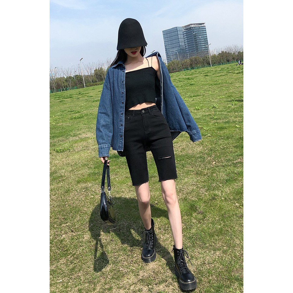 QUẦN JEAN NGỐ SKINNY NỮ GIÃN LỬNG NỮ LƯNG CAO RÁCH ĐÙI TRÁI MÀU ĐEN LAI TUA CAO CẤP NITI2 ĐỦ SIZE S, M, L CHẤT BÒ GIÃN