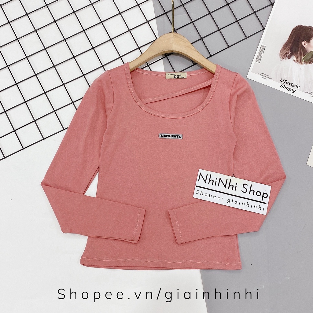 Áo thun cổ vuông dài tay dáng ôm, Áo kiểu cổ U dây chéo co giãn AT6017 - NhiNhiShop