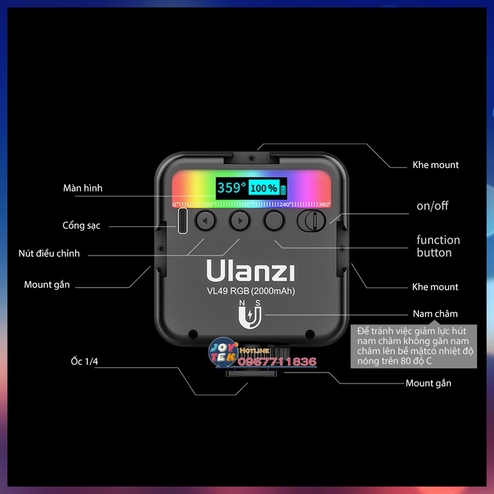 Đèn led  Ulanzi VL49 RGB - đèn trợ sáng cho điện thoại máy ảnh máy quay làm youtube vlog livetream