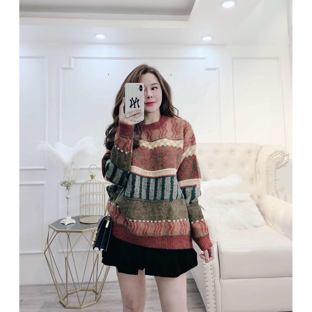 [HÀNG QUẢNG CHÂU] Áo Len Nữ Tay Dài Thổ Cẩm Dáng Thụng Cao Cấp_Xuống Phố Là Xinh