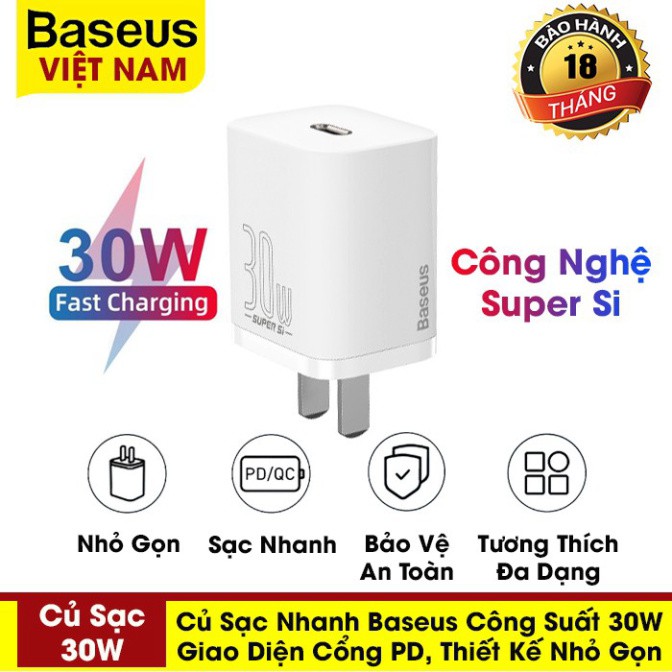 Củ sạc nhanh Baseus 30W, công nhệ Super Si đầu sạc PD sạc nhanh QC3.0, PD3.0 cho iPhone, Samsung Ultra Xiaomi 10 Pro