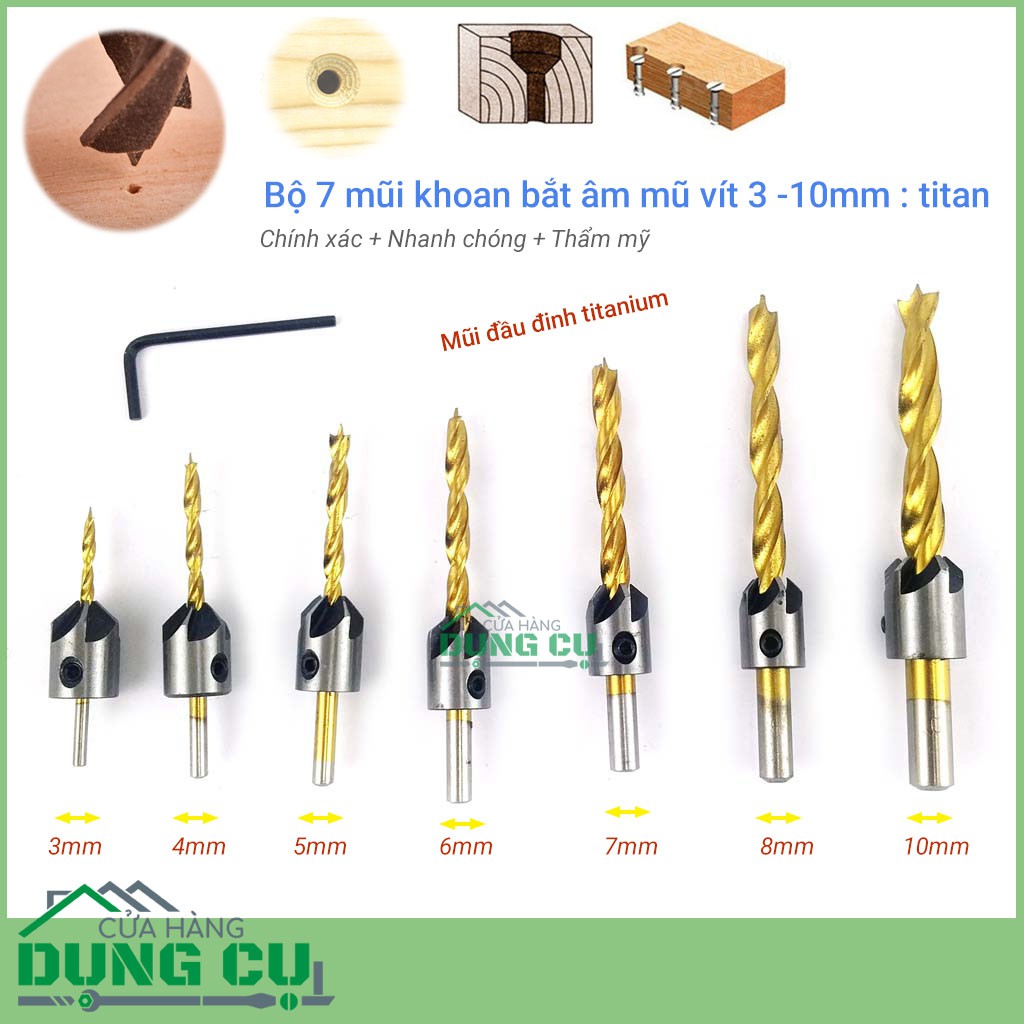 Bộ 7 mũi khoan gỗ đầu đinh bắt âm mũ vít phủ titanium