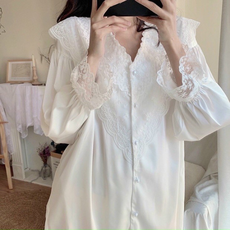 Váy ngủ sơ mi tay dài trắng trơn cut ngọ.c tra.i lụa satin cao cấp quảng châu