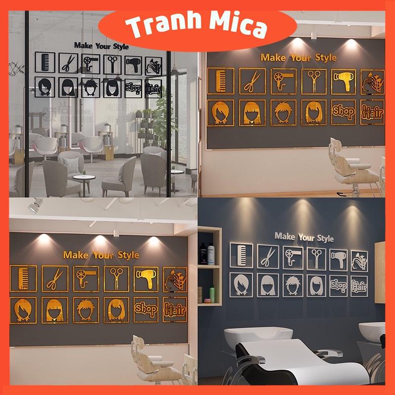 Tranh mica 3d dán tường mẫu tranh các kiểu tóc và dụng cụ căt tóc, trang trí tiệm salon tóc, hair style