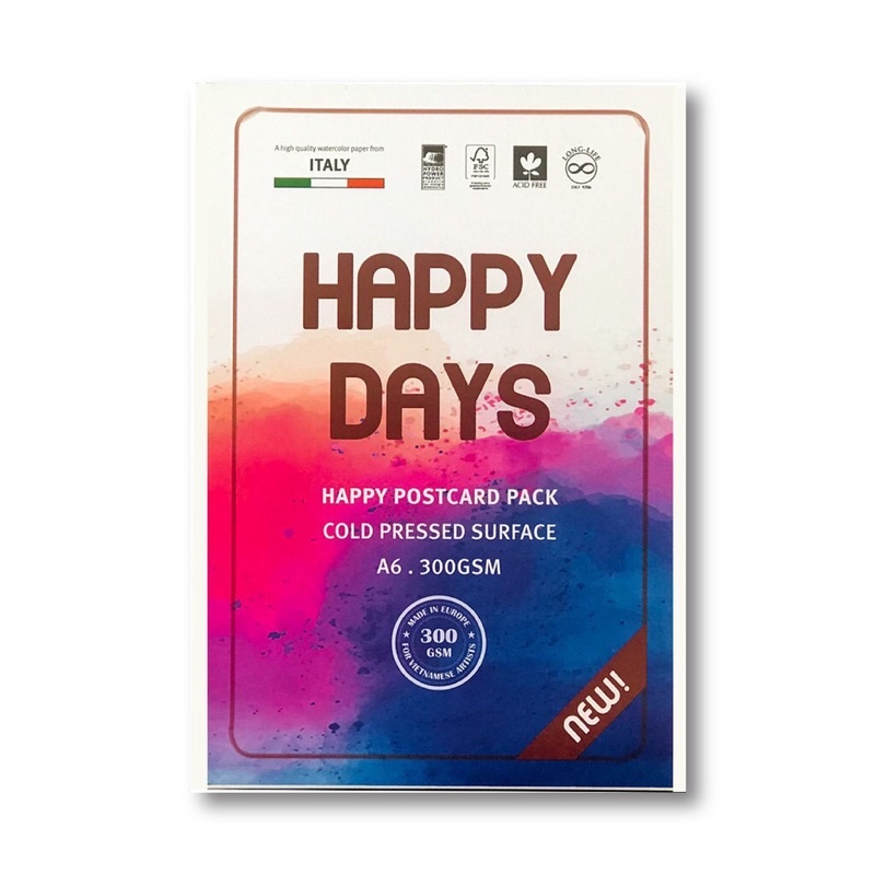Giấy vẽ màu nước Happy 300gsm A6 vân cold acrylic, sơn dầu, màu nước, gouache, poster, chì màu, marker