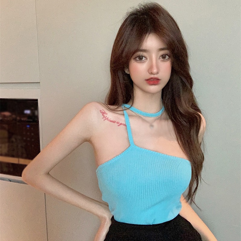 Áo croptop hai dây dệt kim màu trơn đơn giản phong cách Hàn Quốc thời trang