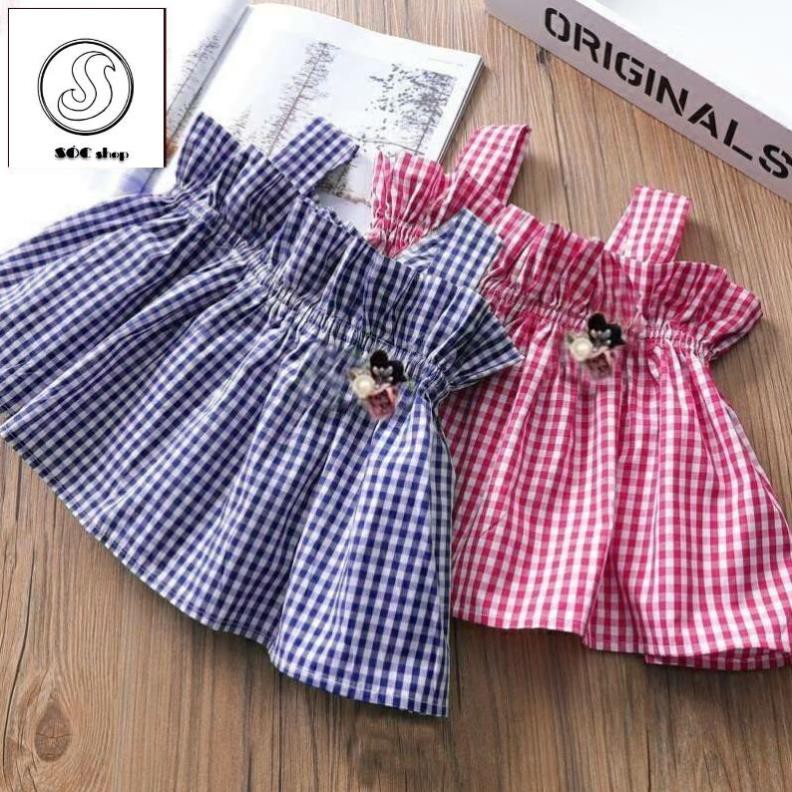 Áo bé gái caro hai dây mát mẻ, sành điệu, tặng kèm cài áo rời cho bé. Bé Sóc shop