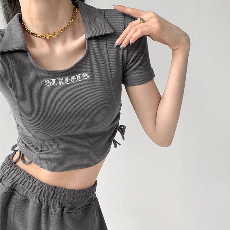 Áo Thun Dệt Kim Tay Ngắn Dáng Ôm Phối Dây Rút Thời Trang Mùa Hè Cho Nữ