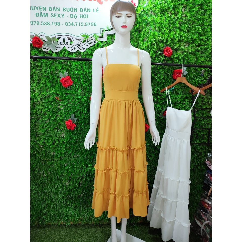 Đầm Maxi 2 dây voan cúp ngực xòe 4 tầng dáng dài, váy Maxi 2 dây đi biển.