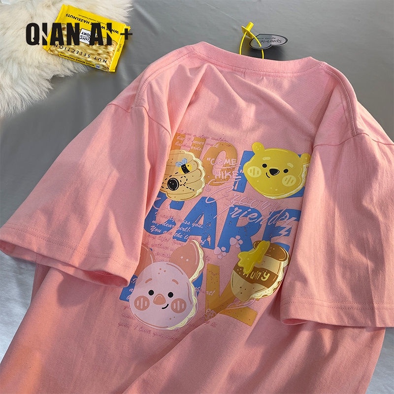 Áo Thun Cotton Ngắn Tay Dáng Rộng In Họa Tiết Gấu Hoạt Hình Xinh Xắn Dành Cho Nữ