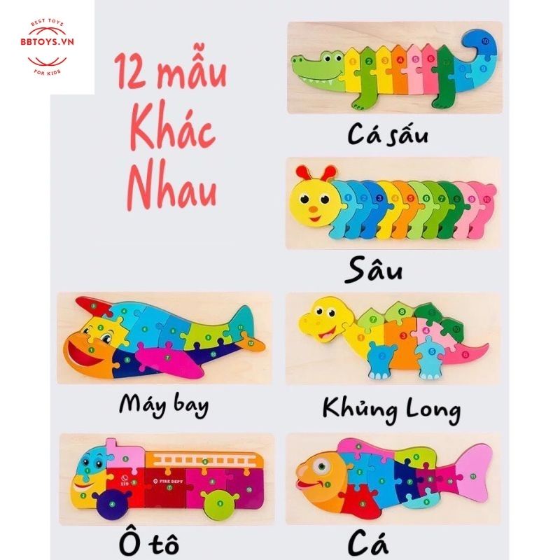 Đồ chơi gỗ ghép tranh gồm 10-12 mảnh có nối số thứ tự giúp bé phát triển tư duy xếp hình (BBTOYS: 18)