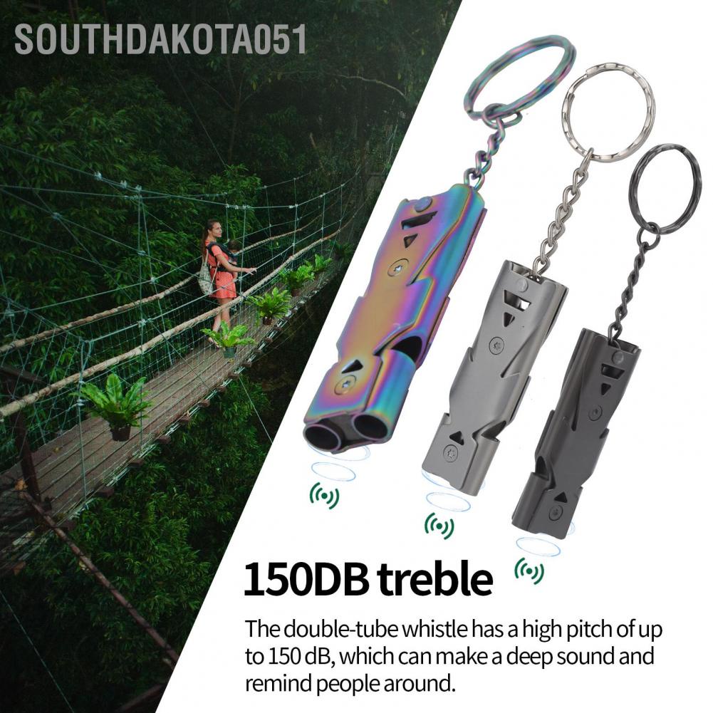 Southdakota051 Outdoor Survival Whistle with Keychain Stainless Steel Double Tubes Safety