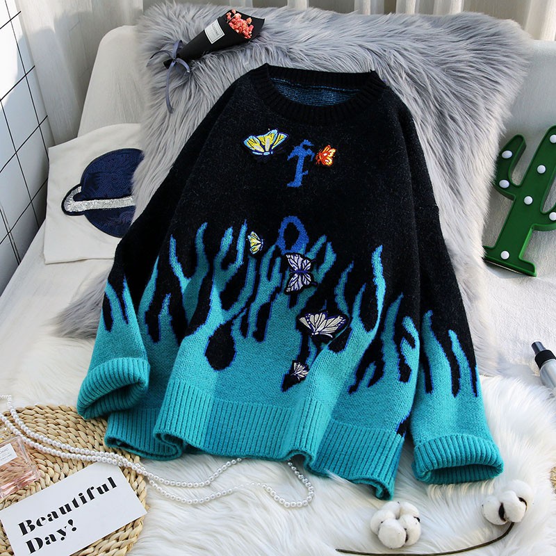 Áo len sweater ngọn lửa thêu bướm