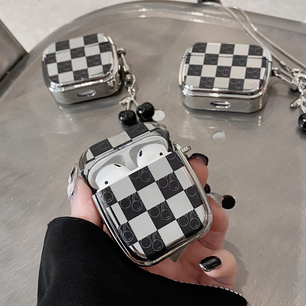 Vỏ Bảo Vệ Hộp Sạc Tai Nghe AirPods 1 2 Pro 3 2021 Bluetooth Bằng TPU Mềm Mạ Điện Họa Tiết Cherry Phối Sọc Caro Sáng Tạo