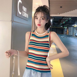 Áo sát nách cổ tròn màu sắc cầu vồng tương phản dành cho nữ