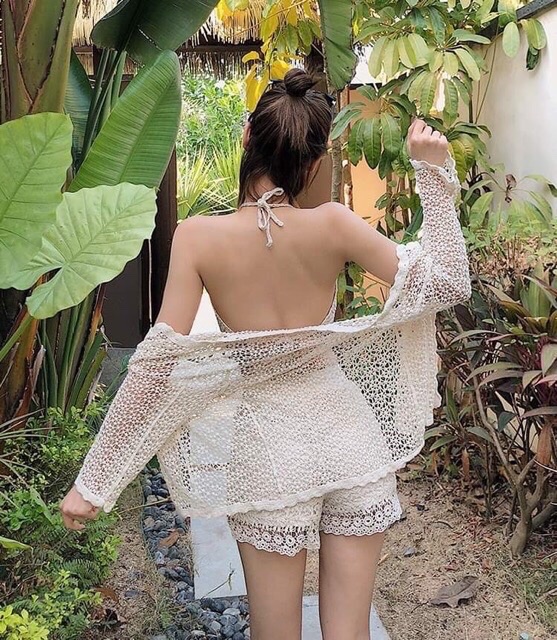 10- Set bikini ren đi biển 3 món áo bra yếm hạt - quần sóc ren- áo choàng | BigBuy360 - bigbuy360.vn