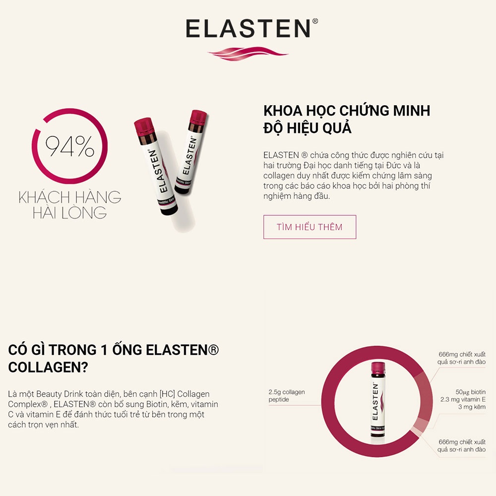 [HÀNG CTY] Collagen Elasten dạng nước chống lão hóa, đẹp da, mờ nếp nhăn, căng bóng, sáng mịn Đức (Hộp 28 ống x 25ml)