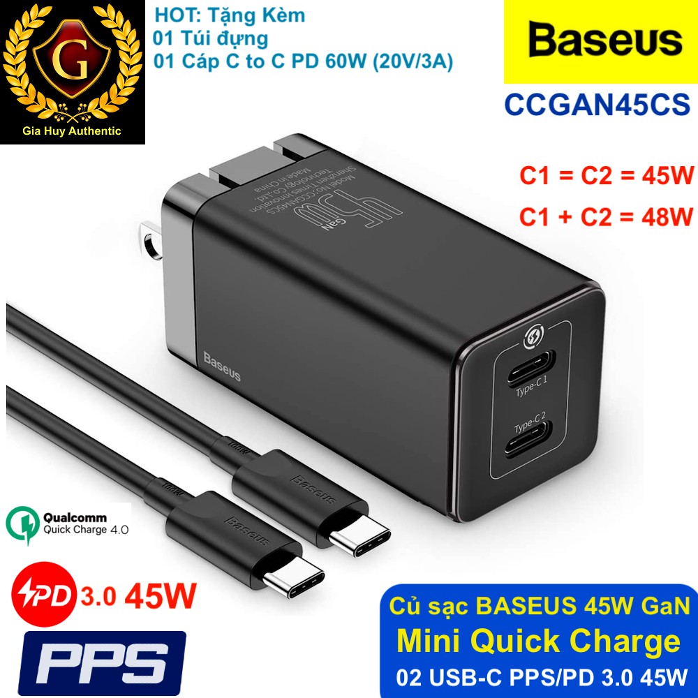 Củ sạc nhanh BASEUS Mini Quick Charge Dual USB-C 45W GaN