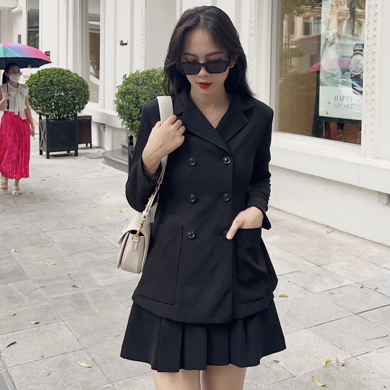 Áo khoác blazer nữ 2 lớp dáng dài tay dài hàng thiết kế Huien Design với 6 khuy form Hàn Quốc sang trọng, thanh lịch