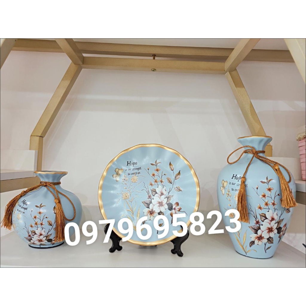 Bình hoa gốm - lọ hoa 3 món, bình lan xanh phong thuỷ MỊNT hút lộc trang trí nhà - kệ ti vi