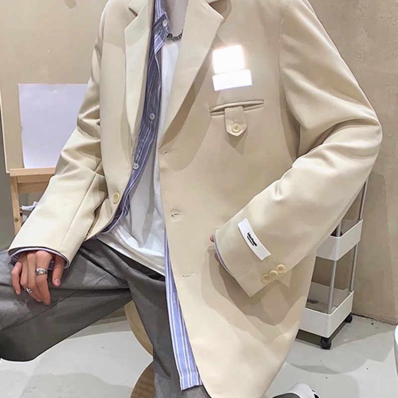 ♞AFF LIGA♞ Áo khoác blazer tay dài dáng rộng màu trơn phong cách Hàn Quốc cho nam