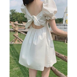 Đầm trắng tay phồng cột nơ sau