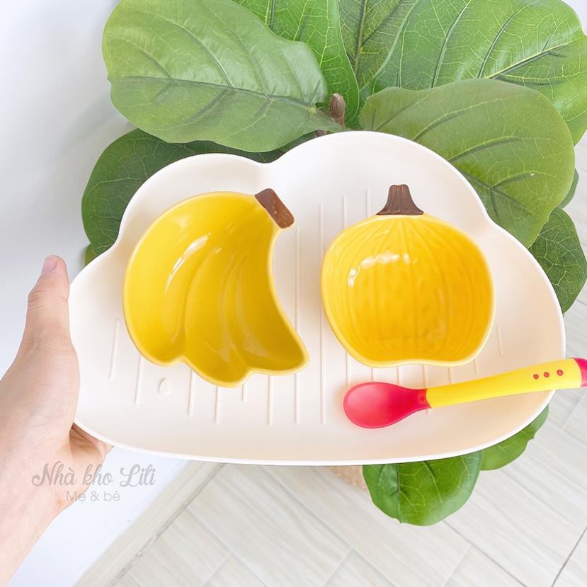 Set bát sứ ăn dặm cho bé dễ thương, bát ăn dặm size nhỏ kèm khay mây và muỗng silicon