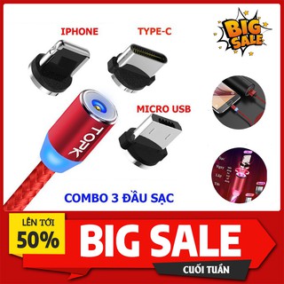 Cáp sạc từ hít nam châm 3 đầu Android và iPhone 360 độ dây dù, scaj tự ngắt , có đèn LED 💥SIÊU HOT💥