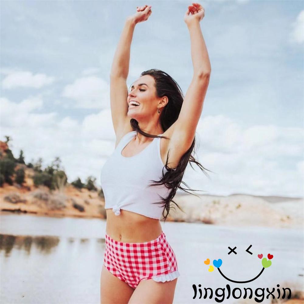♛BA♚Women two-piece swimsuit ruffled plaid thong fashion bikini suit | BigBuy360 - bigbuy360.vn