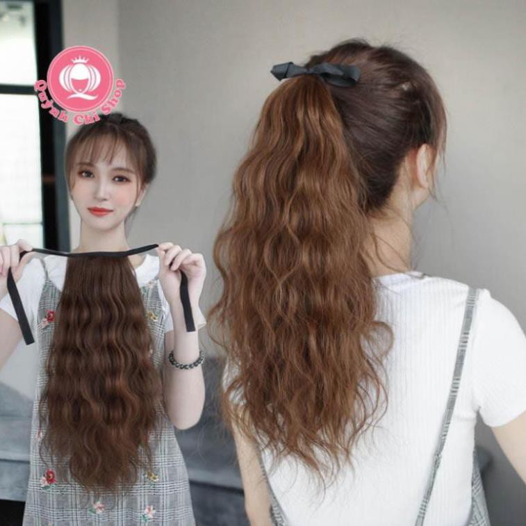 Tóc giả nữ cột đuôi CAO CẤP, tóc xoăn xù mì ngang vai dài 40cm, không bóng mềm mượt như tóc thật.