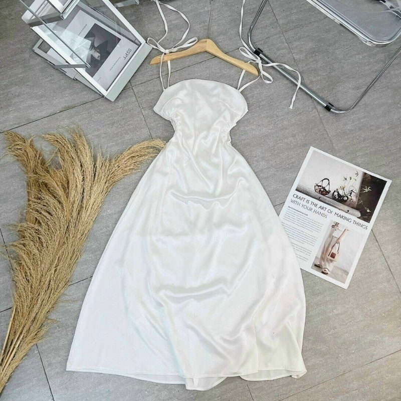 Đầm đi tiệc váy nữ 2 dây buộc vai khoét eo dáng dài chất lụa mềm mại sang trọng phù hợp đi chơi du lịch dạo phố HN0077