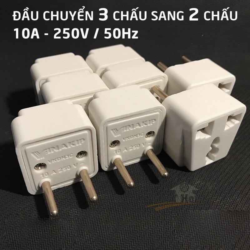 Chấu Điện 3 Sang 2 VINAKIP- Phích Cắm Chuyển Đổi 3 Chân Thành 2 Chấu 10A 250V/50Hz , Sử Dụng Hầu Hết Được Với Chấu 3Chân