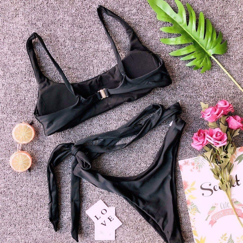 [BKN785] &lt;ÂU&gt; SET BIKINI BASIC ĐEN NƠ EO QUẦN THONG/LỌT KHE