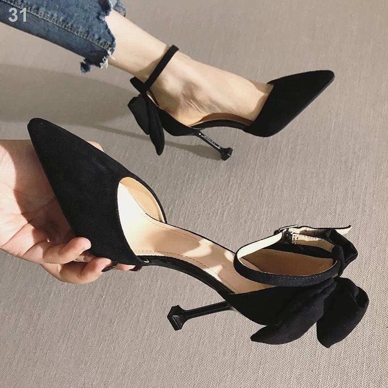 giày cao gót có khóa một chữ màu đen nữ 2021 new spring all-match stiletto nơ lưới mũi nhọn đỏ