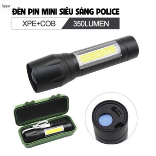 [Nhỏ Gọn]Đèn Pin Mini Siêu Sáng Police XPE COB LED Cao Cấp Có Zoom breo market Chống Nước Bảo Vệ Quá Tải Full Box