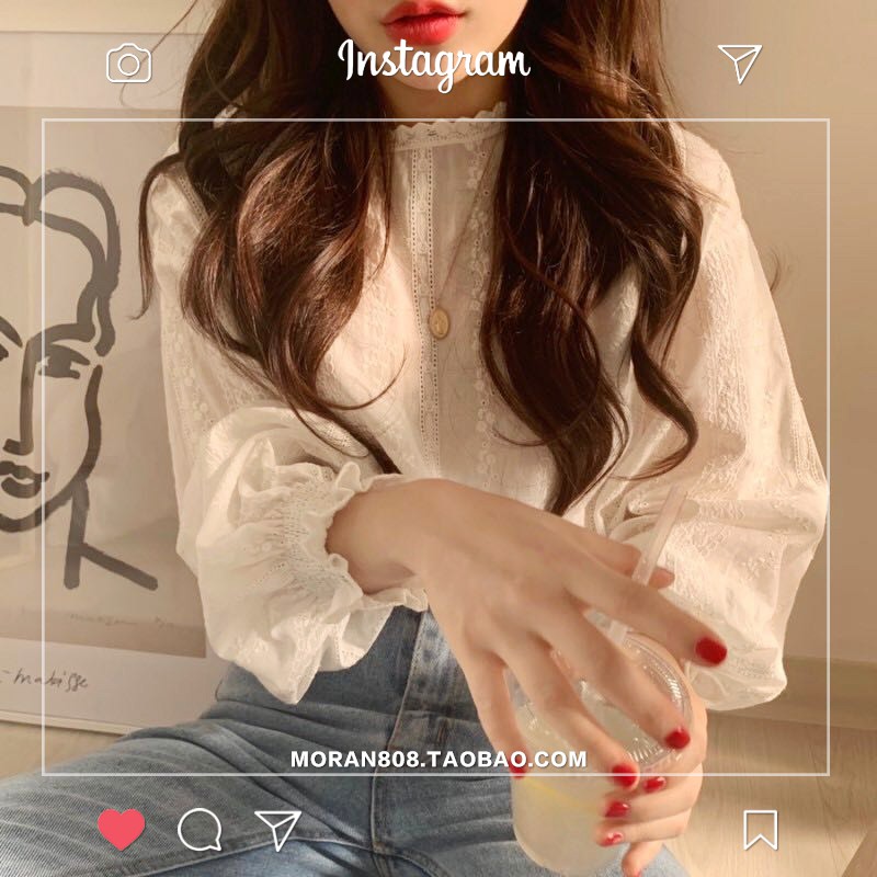 Áo sơ mi ren hoa trắng dài tay MORAN style tiểu thư vintage ngọt ngào