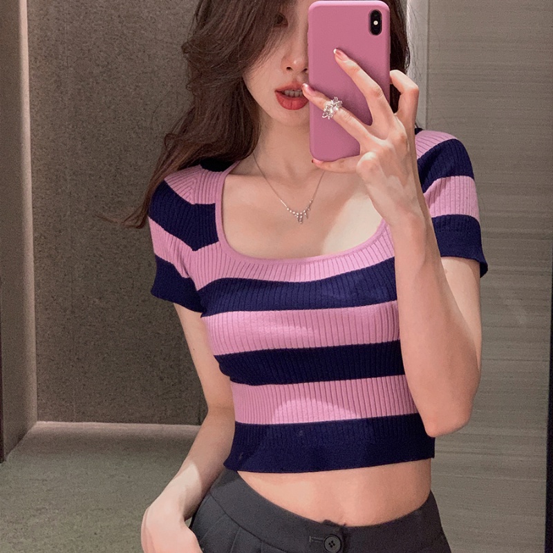 Linki ❀ Áo Dệt Kim Ngắn Tay Cổ Vuông Họa Tiết Kẻ Sọc Thời Trang Hàn Quốc Cho Nữ