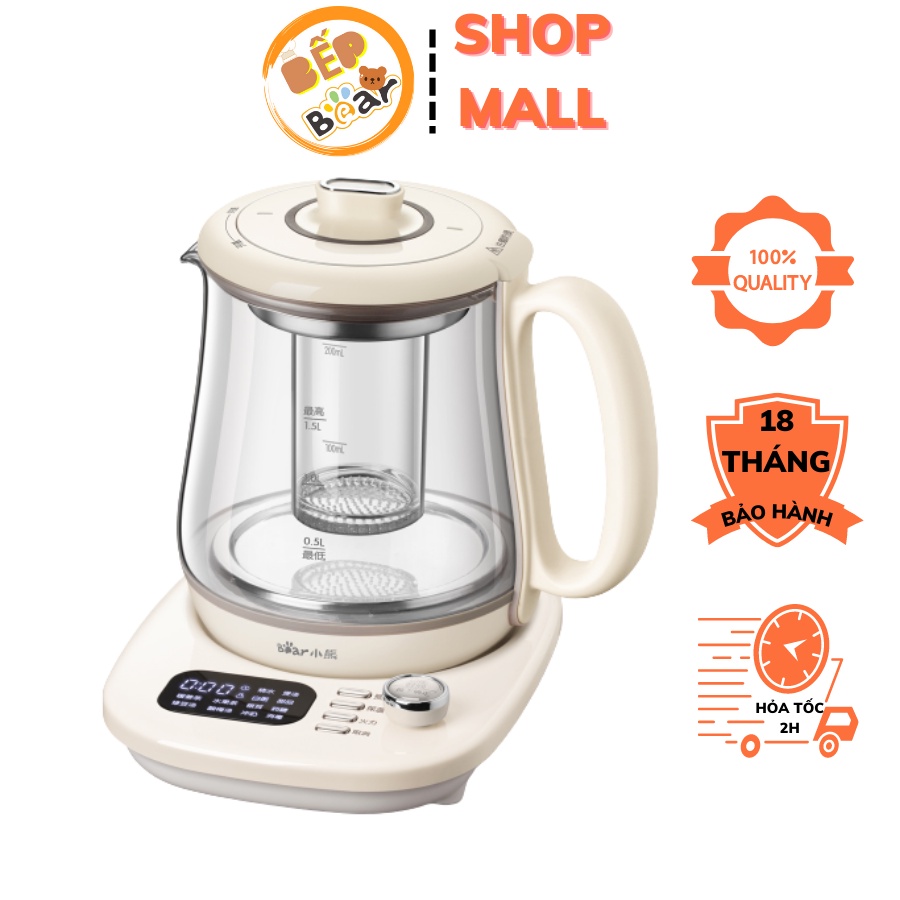 Ấm Bình Máy pha trà chưng yến đa năng Bear SUBE011, thủy tinh dung tích 1,5L nhỏ gọn tiện lợi, dưỡng sinh, BH 18 tháng