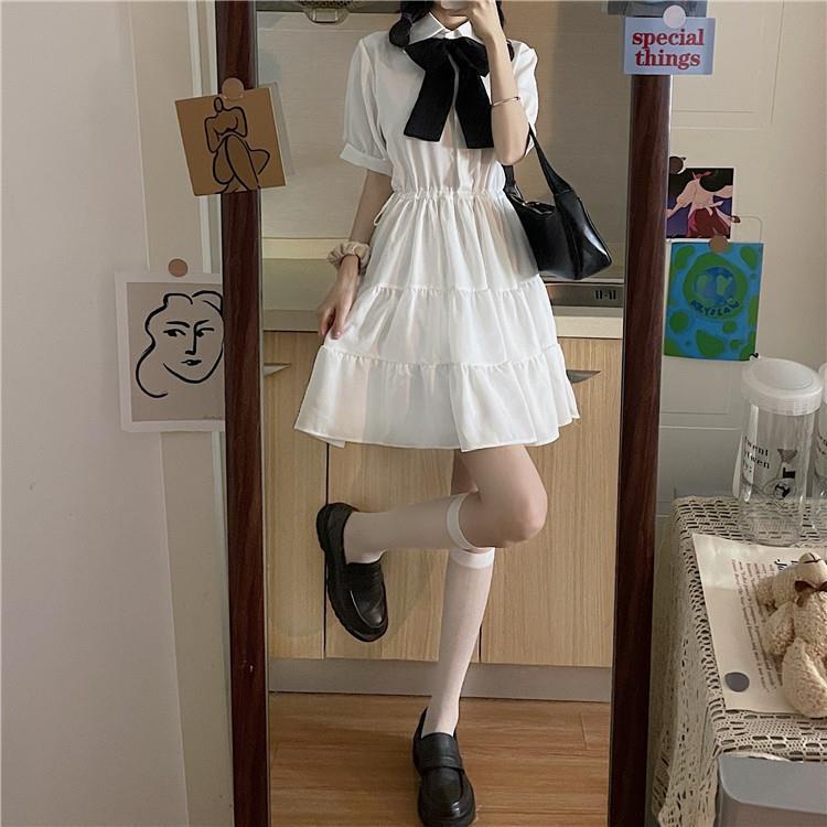 Đầm chữ A tay ngắn cổ bẻ dáng rộng phong cách Hàn Quốc thời trang cho nữ