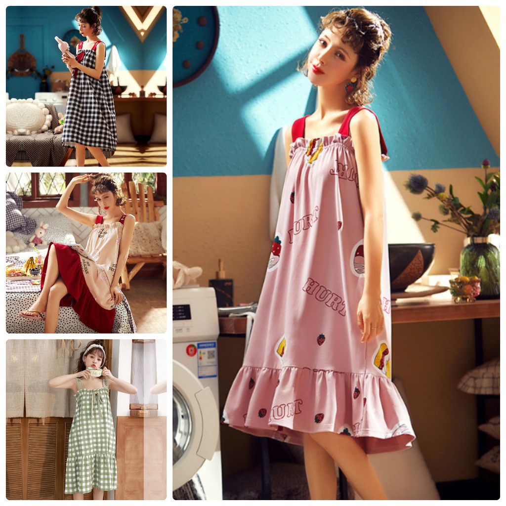 Váy ngủ hai dây (có đệm ngực ) dáng suông qua gối, đầm ngủ thun cotton kèm nơ Nigma P3-D2 | BigBuy360 - bigbuy360.vn