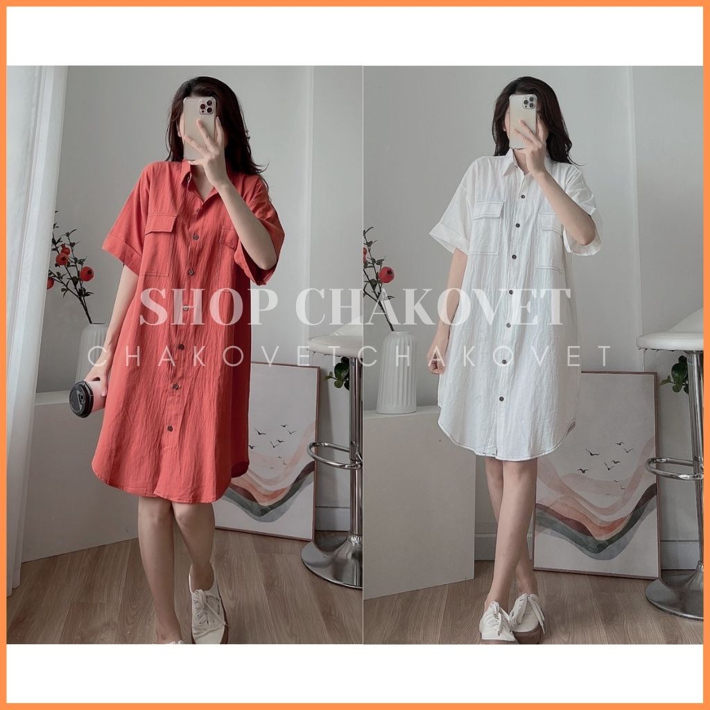 Váy sơ mi nữ dáng ulzzang cộc tay V8292, kiểu đầm dự tiệc đi biển dáng suông trơn cúc gỗ viền chỉ nổi chất đũi - CHAKOVE