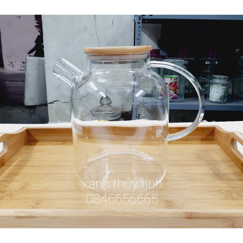 Bộ ấm trà thủy tinh chịu nhiệt cao, ấm nắp gỗ dung tích 1600ml-AT17.1