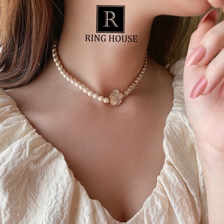 (Titan) N6 Dây Chuyền Choker Nữ Titan Không Gỉ Đen Hoa Hồng Hạt Trai Đính Ngọc Sang Trọng Đẹp Ring House