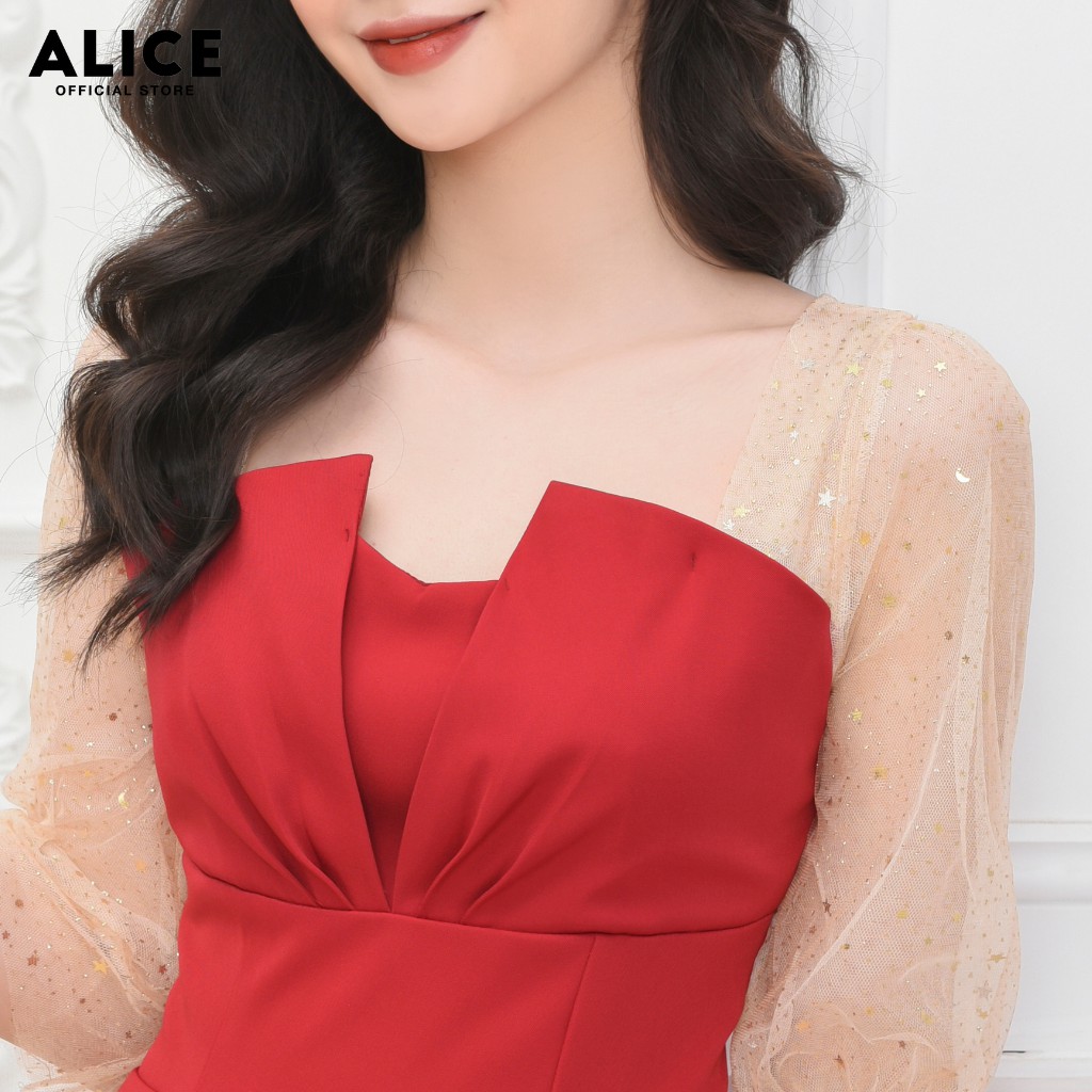 Đầm Thiết Kế Công Sở Nữ ALICE Dáng Xòe Xếp Ly Cổ Vuông Phối Tay Lưới Sang Trọng Thanh Lịch Cho Nữ V679