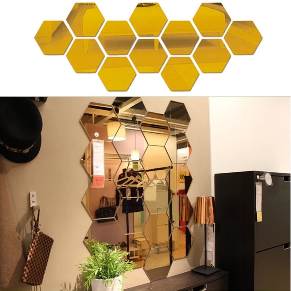 6 Miếng gương dán tường chất liệu acrylic hình lục giác 3D