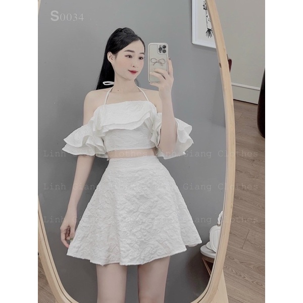 SET ÁO PEPLUM TAY TIÊN RỚT VAI ĐEN + CHÂN VÁY TRẮNG