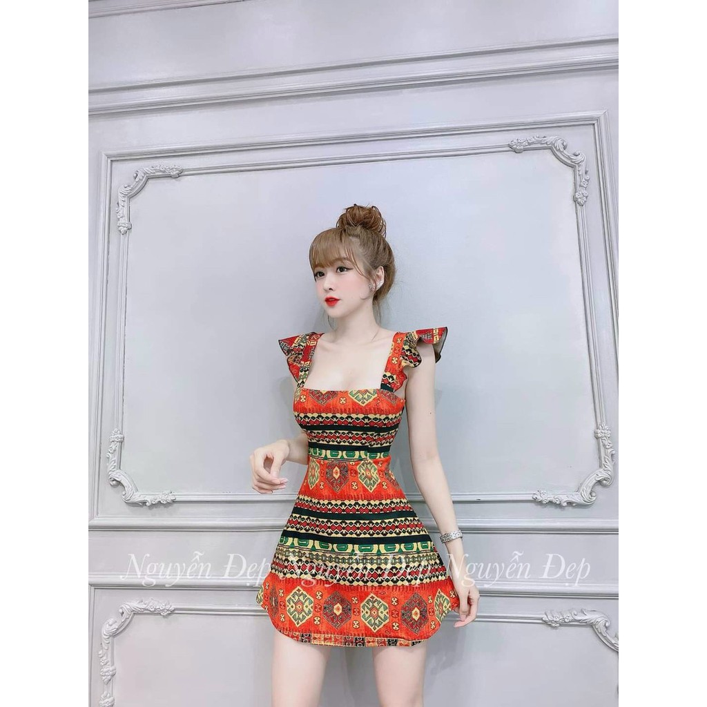 Đầm xòe hai dây cánh tiên hạo tiết thổ cẩm