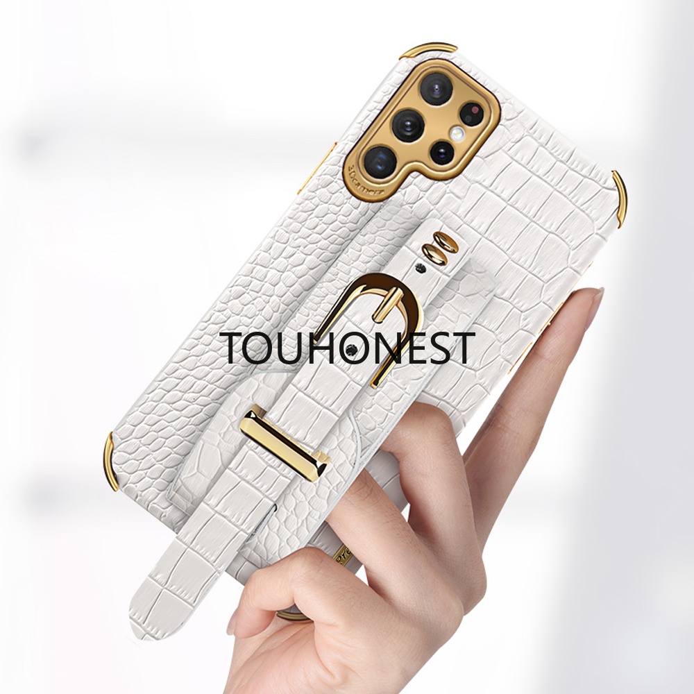 Ốp Điện Thoại Da Cá Casing Samsung Galaxy S10 Plus Case Samsung S22 Plus Case Samsung S22 Ultra Case Samsung S10 Lite Case Samsung J2 Prime J5 Prime J7 Prime Case Samsung M80S A91 Luxury Shockproof Softcase Crocodile Pattern Leather Wrist Strap Phone Case