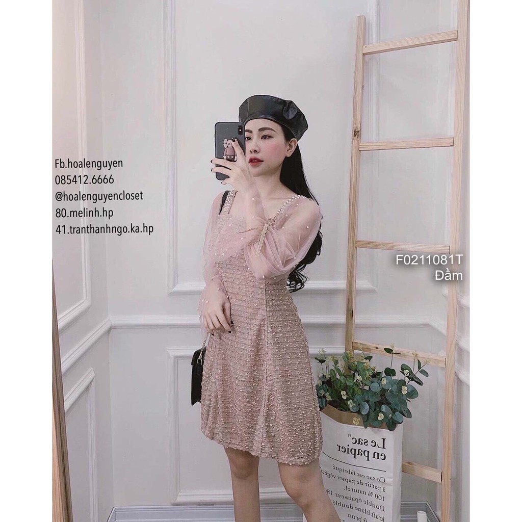 Đầm xòe dạ cổ vuông tay dài bo phối lưới kết ngọc!